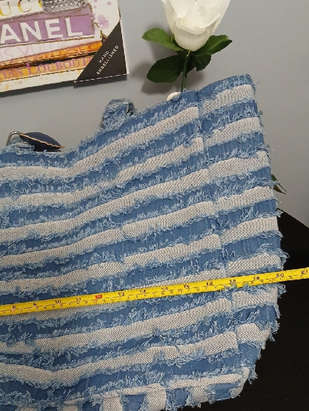 New! Striped Blue Denim Frayed Tote Bag - NWT - Picture 10 of 10